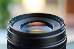 Close-up of a camera lens, showing its intricate details and reflective surface. photo
