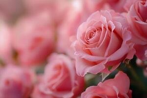 Close-up of a bouquet of delicate pink roses, soft focus background. photo