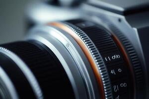 Close-up of a professional camera lens with depth of field markings. photo