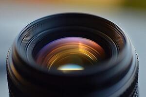 Close-up of a camera lens showing its intricate details and colorful reflections. photo