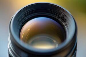 Close-up of a camera lens showing its intricate details and reflecting colors. photo