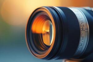 Close-up of a camera lens with warm sunset reflection. photo