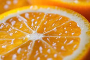 Close-up of a juicy orange slice, showing its texture and vibrant color. photo
