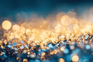 Abstract gold and blue glitter bokeh background. photo