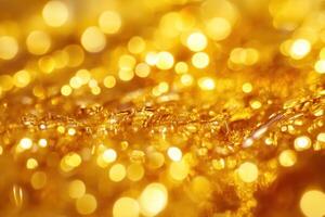 Abstract gold bokeh background with blurred lights and shiny texture. photo