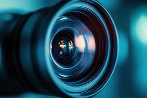 Close-up of a camera lens, showcasing its intricate details and optical elements. photo