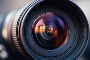 Close-up of a camera lens reflecting a blurry cityscape. photo