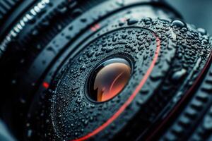 Close-up of a camera lens covered in water droplets. photo