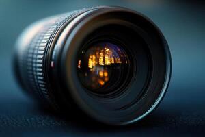 Close-up of a camera lens reflecting city lights. photo