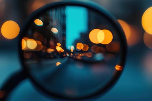 Blurred city street view reflected in a round mirror. photo