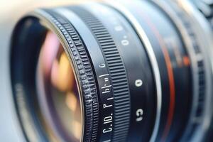 Close-up of a camera lens with aperture and focus rings. photo