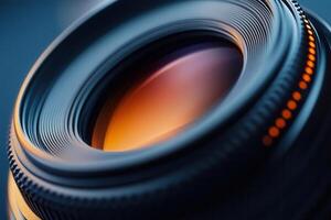 Close-up of a camera lens with shallow depth of field, showcasing its intricate details and warm, orange-hued internal reflection. photo