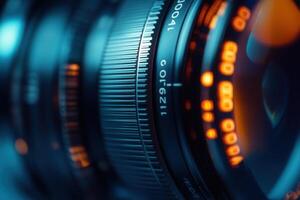 Close-up of a camera lens with depth of field and teal and orange lighting. photo