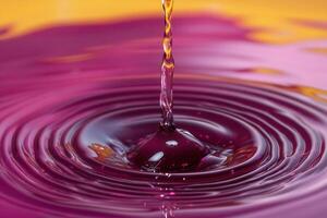 Close-up of a drop of purple liquid falling into a pool of liquid, creating concentric ripples. photo