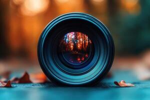 Autumn forest reflected in camera lens. photo