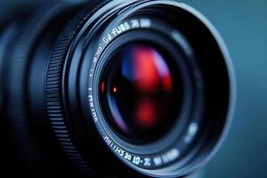 Close-up of a camera lens with red reflection. photo