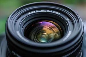 Close-up of a camera lens showing its intricate internal structure and colorful reflections. photo