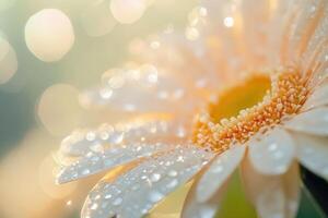 Close-up of a dewy, light-orange gerbera daisy with blurred bokeh background. photo