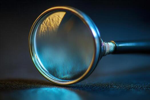 Close-up of a magnifying glass on a dark surface, reflecting light. photo