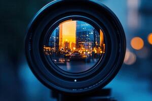 Cityscape reflected in camera lens at sunset. photo