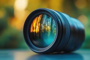 Camera lens reflecting sunset forest scene. photo
