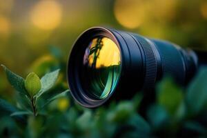 Camera lens in lush greenery reflecting sunset. photo