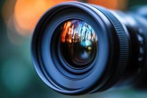 Close-up of a camera lens reflecting a blurry forest scene. photo