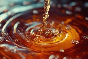 Amber liquid pouring, creating concentric ripples and bubbles. photo