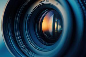 Close-up of a camera lens with a sunset reflected in it. photo