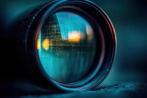 Close-up of a camera lens reflecting a cityscape sunset. photo