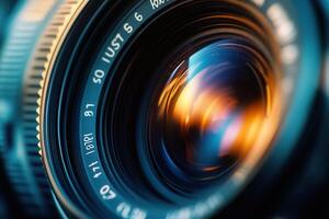 Close-up of a camera lens with aperture and focus settings visible. photo