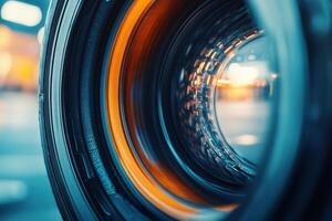 Close-up of a camera lens with orange accents and blurred city background. photo