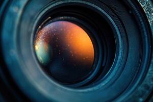 Close-up of a camera lens with orange and blue reflections. photo