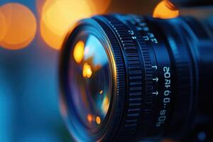 Close-up of a camera lens with bokeh lights. photo