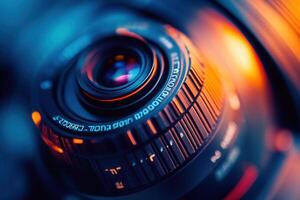 Close-up of a camera lens with vibrant blue and orange lighting. photo
