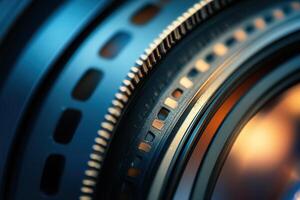 Close-up of a camera lens with film reel details, showing intricate mechanical parts and warm light glow. photo