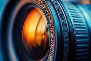 Close-up of a camera lens with warm-toned reflection. photo