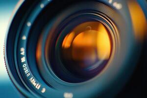 Close-up of a camera lens with warm light reflection. photo