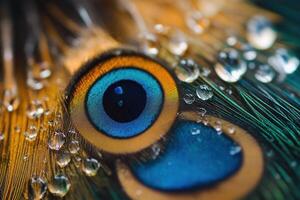 Close-up of a peacock feather with water droplets. photo