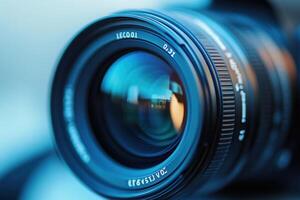 Close-up of a camera lens, reflecting a blurred cityscape. photo