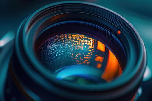 Close-up of a camera lens's internal components, showcasing intricate details and vibrant colors. photo