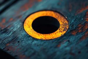 Close-up of a dark, textured surface with a circular, golden-hued hole. photo