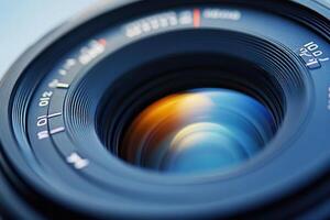 Close-up of a camera lens with shallow depth of field, showing intricate details and reflections. photo