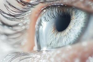 Close-up of a human eye with water droplets. photo