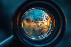 Close-up of a lens reflecting a city sunset. photo