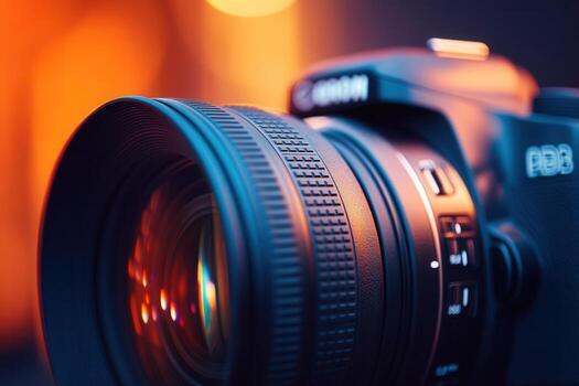 Close-up of a DSLR camera lens with bokeh background. photo