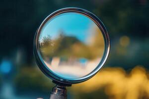 Close-up of a magnifying glass reflecting a blurred park scene. photo