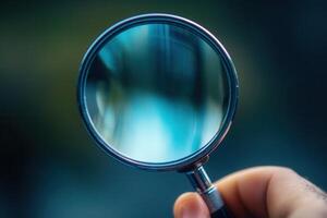 Close-up of a hand holding a magnifying glass. photo