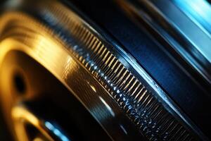 Close-up of a metallic gear with intricate details and dramatic lighting. photo