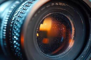 Close-up of a dusty camera lens with visible dust particles and bokeh effect. photo